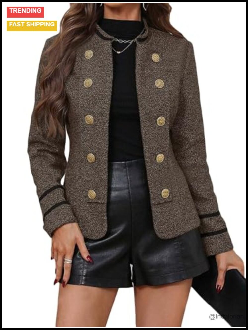 Women's Tweed Blazer Jacket Open Front Slim Fit Double-Breasted Stand Collar